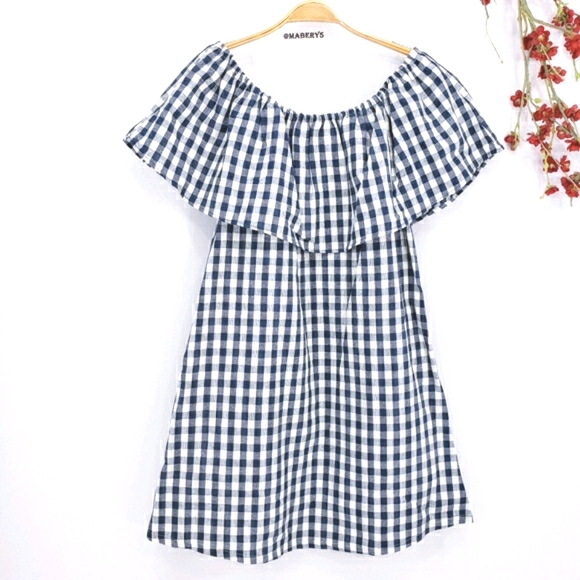 NEW Navy Gingham Checkered Off-Shoulder Dress - Picture 6 of 11